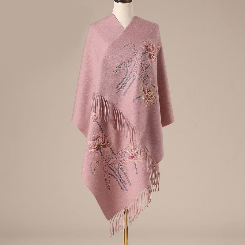 Chal de lana con Buddha Stones y borlas bordadas con loto para invierno, bufanda de viaje acogedora - Coral claro - 200*60 cm - image 3