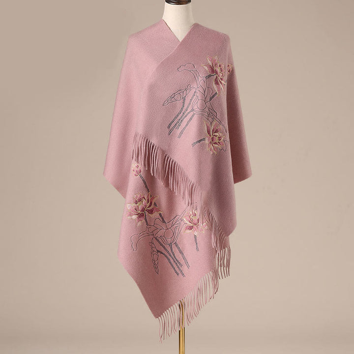 Chal de lana con Buddha Stones y borlas bordadas con loto para invierno, bufanda de viaje acogedora