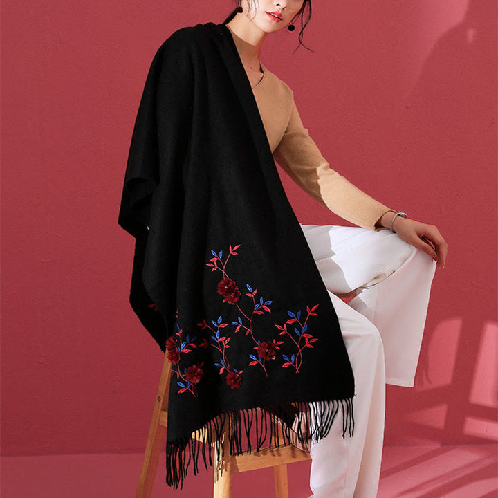 Chal de lana con Buddha Stones y bordado floral en 3D, bufanda de viaje acogedora para el invierno con borlas