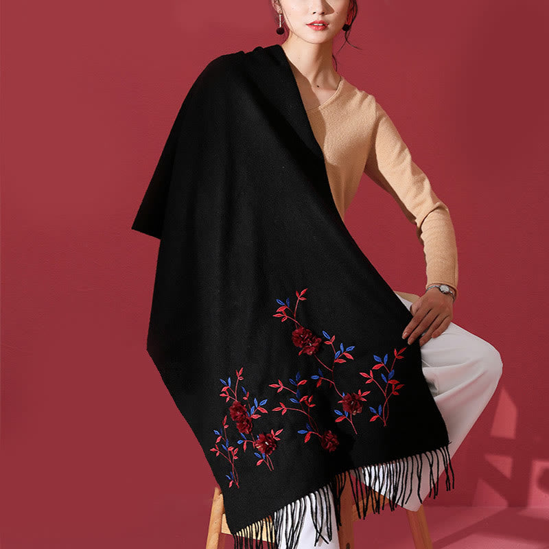 Chal de lana con Buddha Stones y bordado floral en 3D, bufanda de viaje acogedora para el invierno con borlas