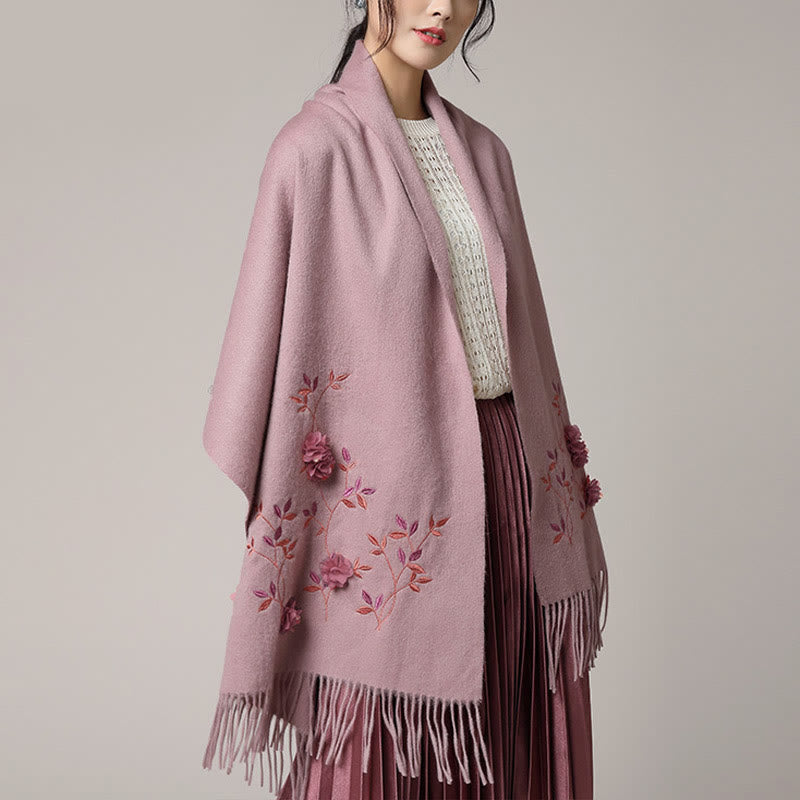 Chal de lana con Buddha Stones y bordado floral en 3D, bufanda de viaje acogedora para el invierno con borlas