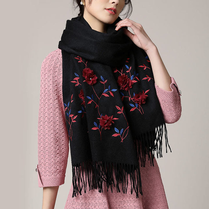 Chal de lana con Buddha Stones y bordado floral en 3D, bufanda de viaje acogedora para el invierno con borlas