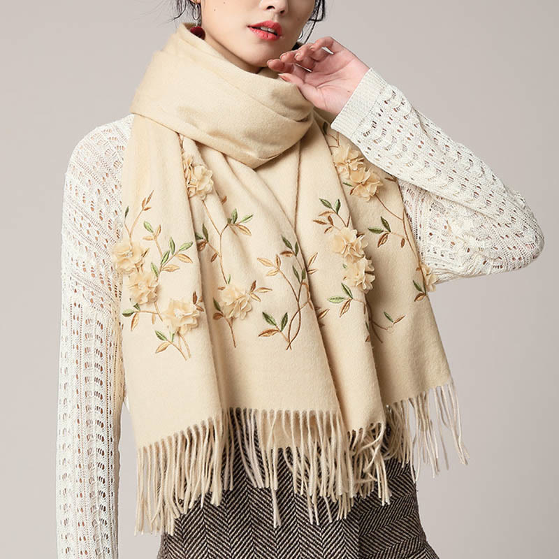 Chal de lana con Buddha Stones y bordado floral en 3D, bufanda de viaje acogedora para el invierno con borlas