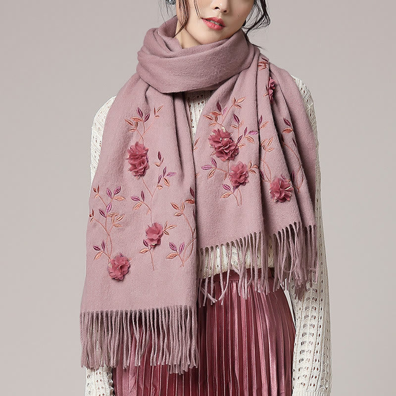 Chal de lana con Buddha Stones y bordado floral en 3D, bufanda de viaje acogedora para el invierno con borlas
