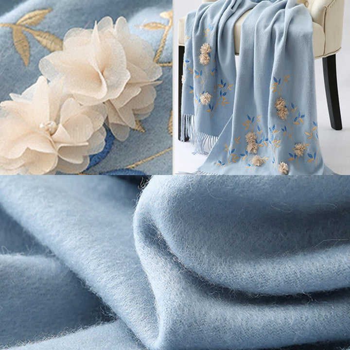 Chal de lana con Buddha Stones y bordado floral en 3D, bufanda de viaje acogedora para el invierno con borlas