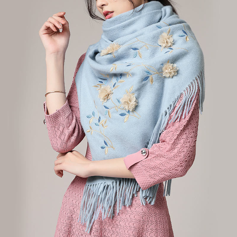 Chal de lana con Buddha Stones y bordado floral en 3D, bufanda de viaje acogedora para el invierno con borlas