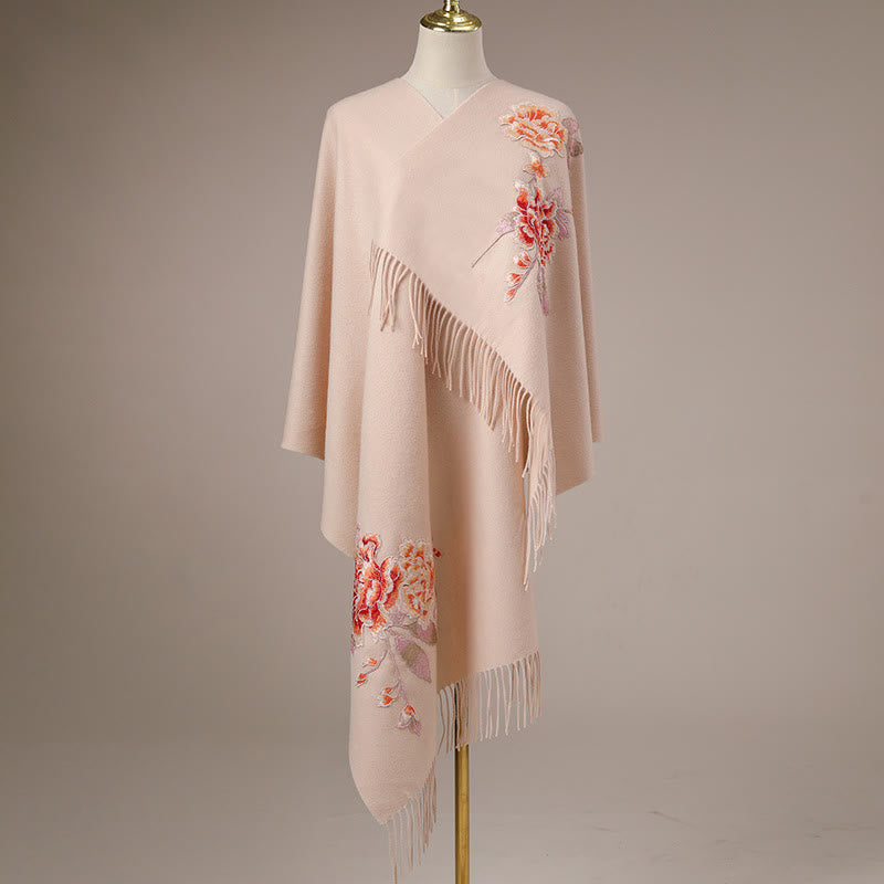 Chal de lana con Buddha Stones y flores rojas bordadas con borlas, bufanda de viaje acogedora para el invierno