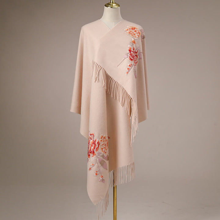 Chal de lana con Buddha Stones y flores rojas bordadas con borlas, bufanda de viaje acogedora para el invierno