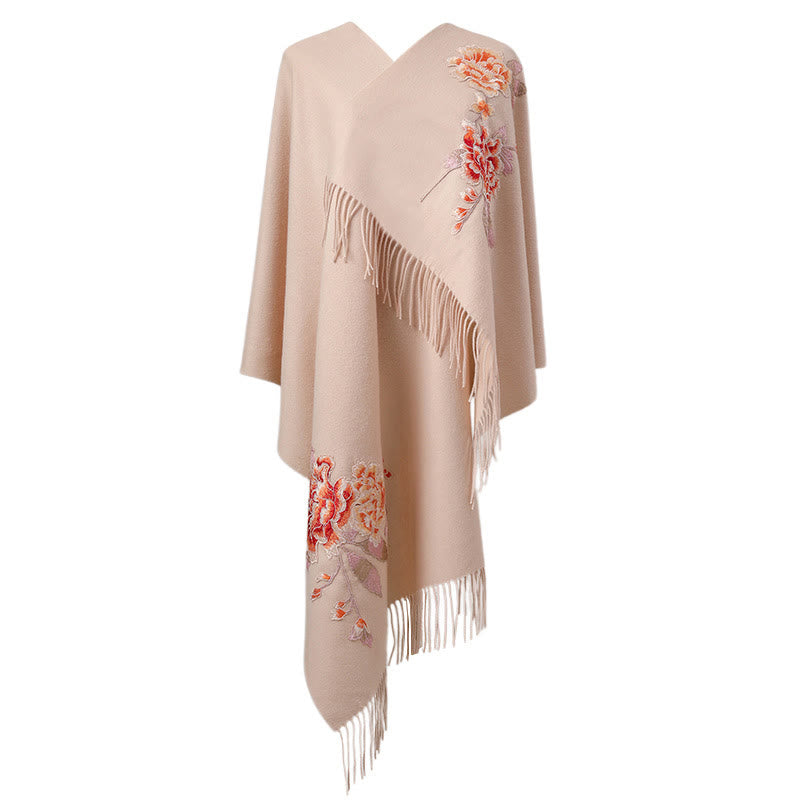 Chal de lana con Buddha Stones y flores rojas bordadas con borlas, bufanda de viaje acogedora para el invierno