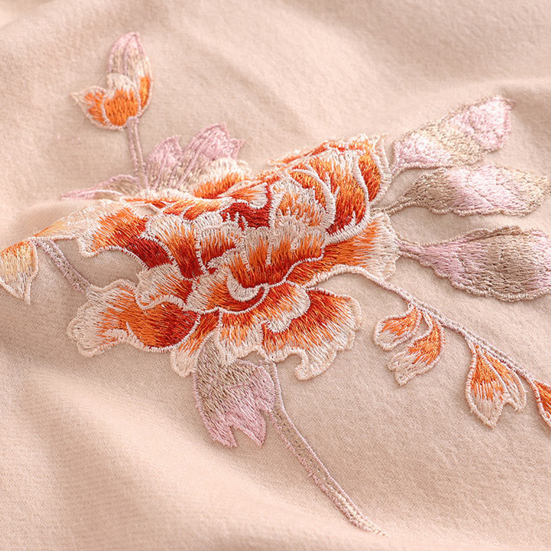 Chal de lana con Buddha Stones y flores rojas bordadas con borlas, bufanda de viaje acogedora para el invierno