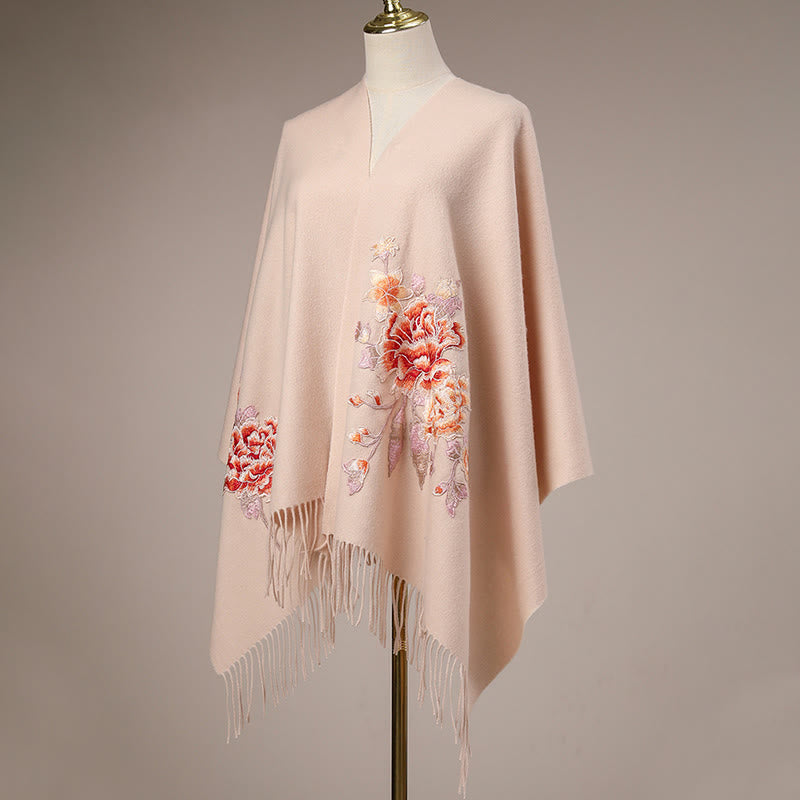 Chal de lana con Buddha Stones y flores rojas bordadas con borlas, bufanda de viaje acogedora para el invierno