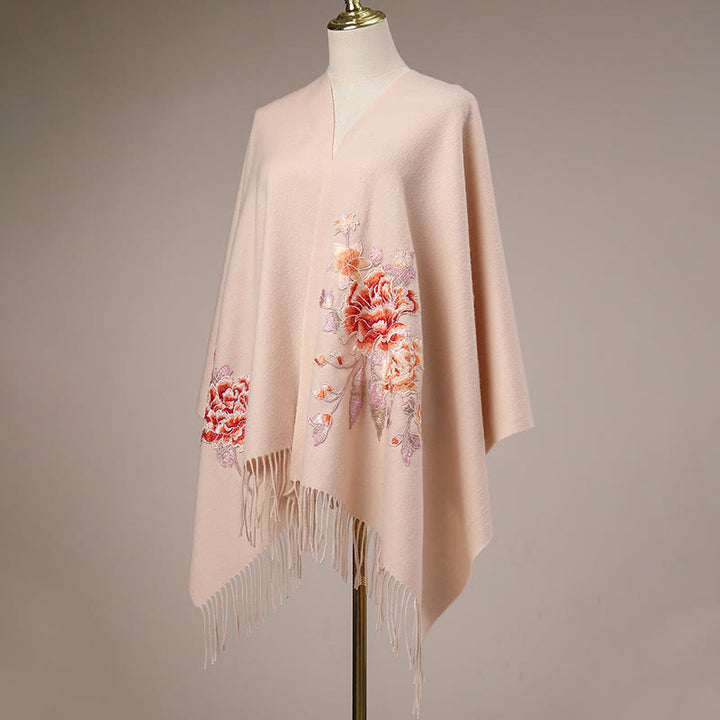 Chal de lana con Buddha Stones y flores rojas bordadas con borlas, bufanda de viaje acogedora para el invierno