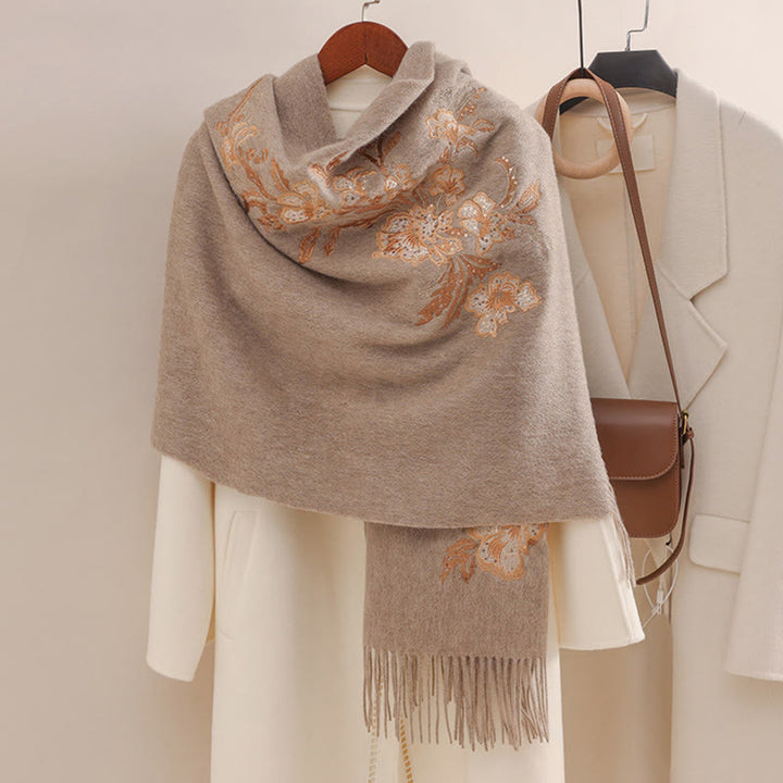 Chal de lana con Buddha Stones , flores rojas, lentejuelas doradas, bordado con borlas, bufanda de viaje acogedora para invierno