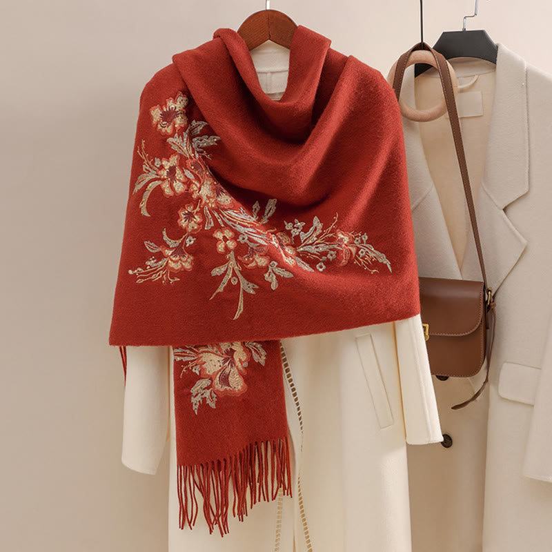 Chal de lana con Buddha Stones , flores rojas, lentejuelas doradas, bordado con borlas, bufanda de viaje acogedora para invierno - Ladrillo refractario - 200*60 cm - image 0