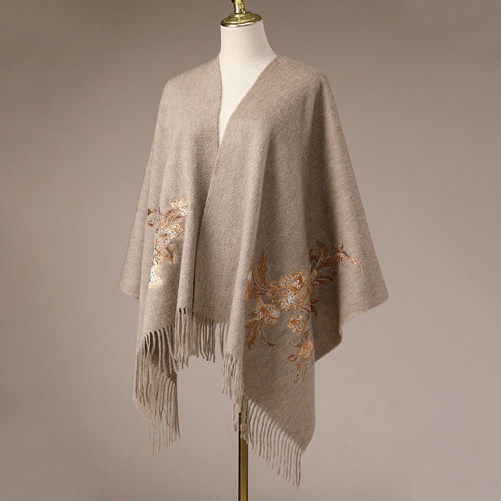 Chal de lana con Buddha Stones , flores rojas, lentejuelas doradas, bordado con borlas, bufanda de viaje acogedora para invierno