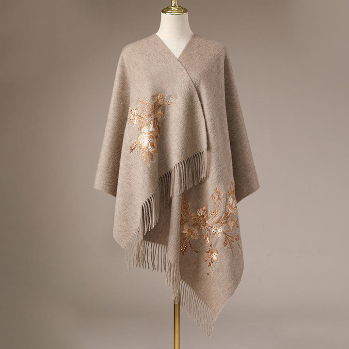 Chal de lana con Buddha Stones , flores rojas, lentejuelas doradas, bordado con borlas, bufanda de viaje acogedora para invierno - image 7