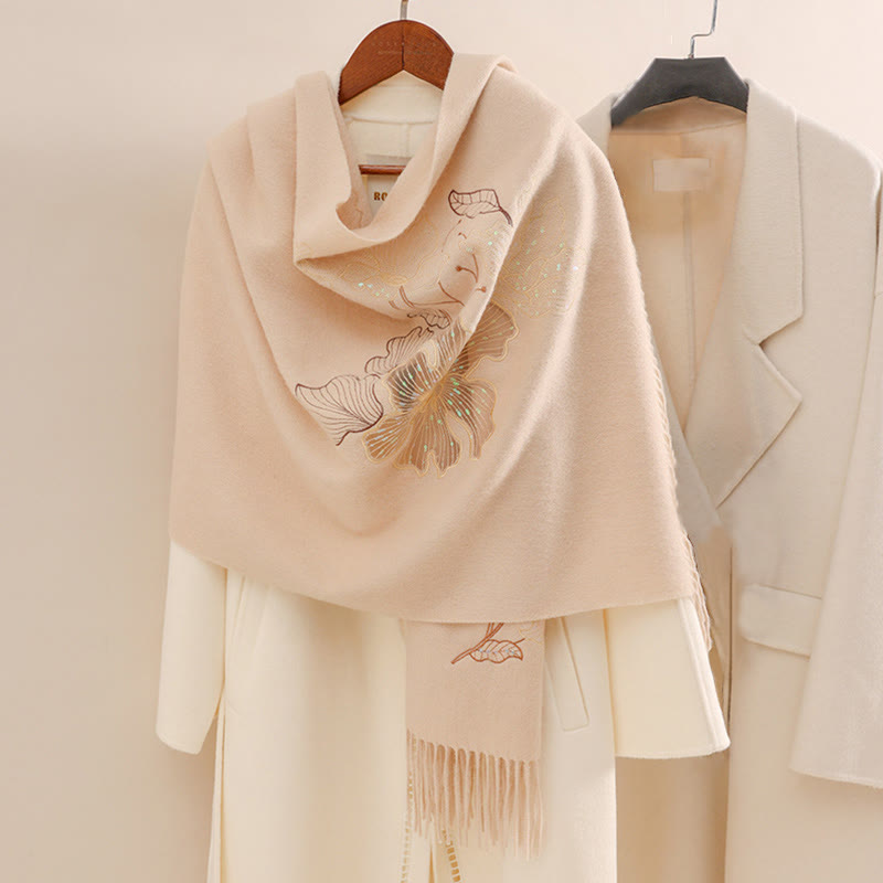 Chal de lana con Buddha Stones, flores grandes, lentejuelas, bordado, borlas, bufanda de viaje acogedora para invierno - PeachPuff - 200*60 cm - image 0