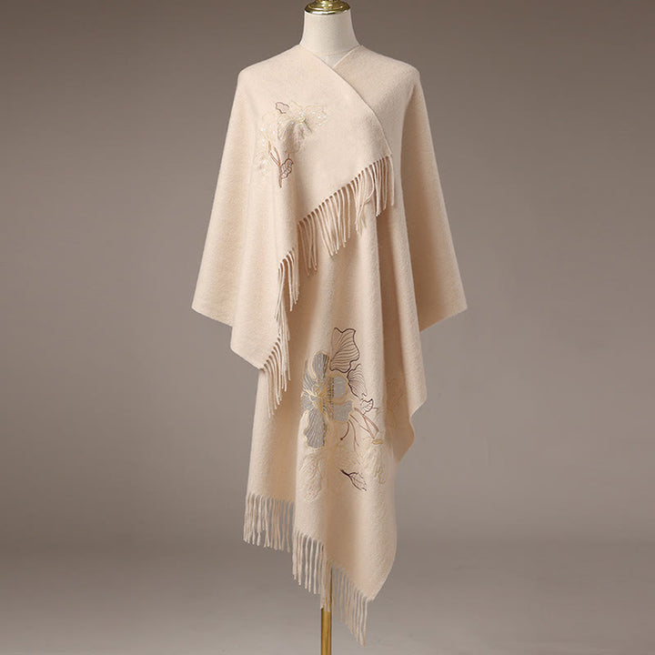 Chal de lana con Buddha Stones, flores grandes, lentejuelas, bordado, borlas, bufanda de viaje acogedora para invierno