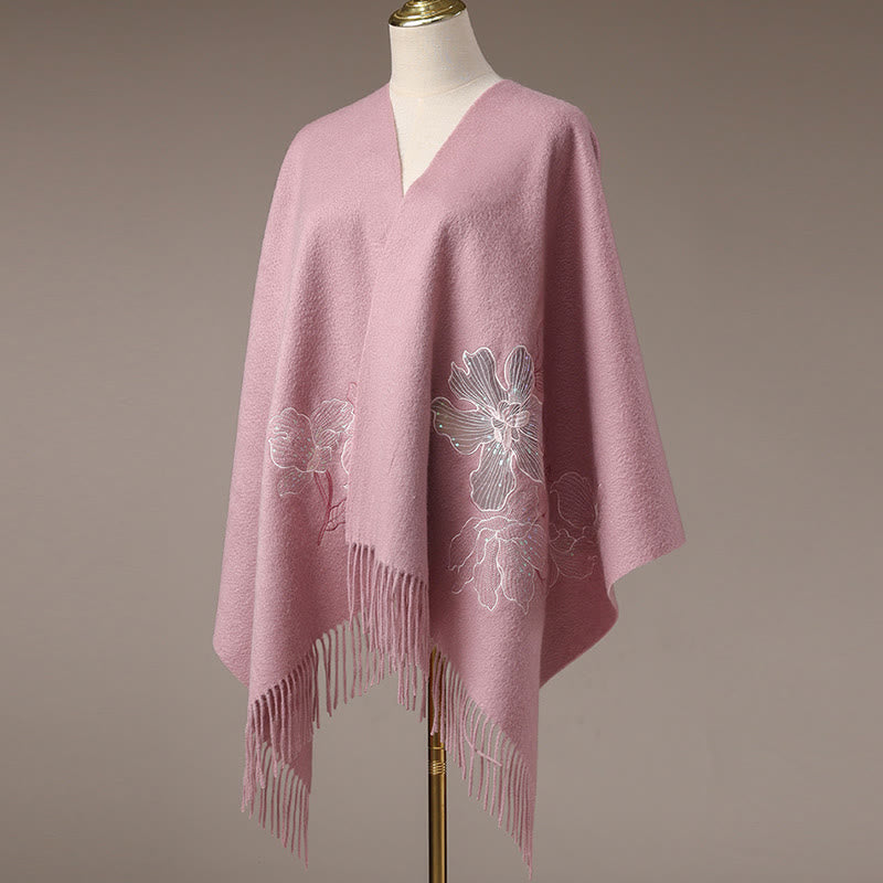 Chal de lana con Buddha Stones, flores grandes, lentejuelas, bordado, borlas, bufanda de viaje acogedora para invierno