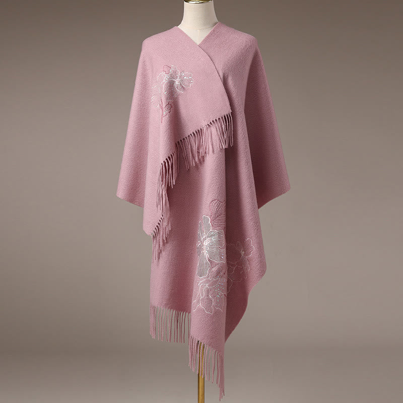 Chal de lana con Buddha Stones, flores grandes, lentejuelas, bordado, borlas, bufanda de viaje acogedora para invierno