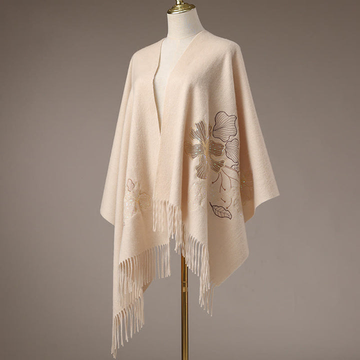 Chal de lana con Buddha Stones, flores grandes, lentejuelas, bordado, borlas, bufanda de viaje acogedora para invierno