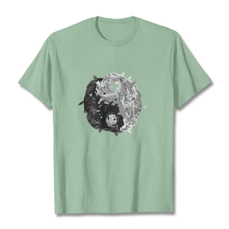Camiseta de algodón con combinación de peces koi, yin yang y Buddha Stones - Verde pálido - 2XL - image 15