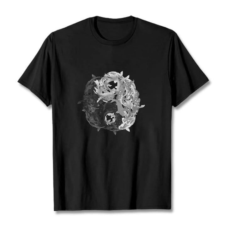 Camiseta de algodón con combinación de peces koi, yin yang y Buddha Stones - Negro - 2XL - image 5