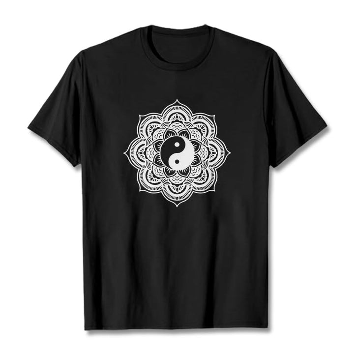 Camiseta de algodón con diseño de mandala y yang y Buddha Stones - Negro - 2XL - image 4