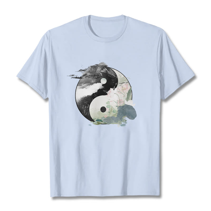 Camiseta de algodón con pintura en tinta de hojas de loto y yang y Buddha Stones - Cian claro - 2XL - image 12