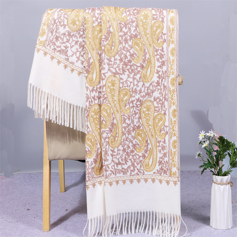 Chal de tela de rayón con Buddha Stones, bordado de flores de anacardo doradas y borla, bufanda de viaje acogedora de invierno. - Blanco - 200*70 cm - image 3