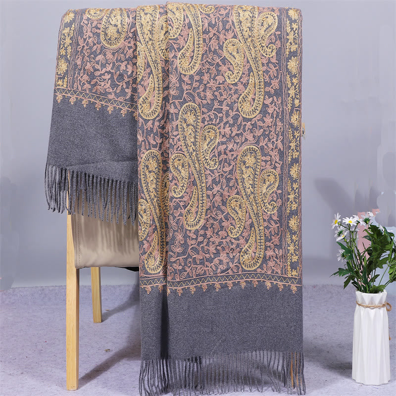 Chal de tela de rayón con Buddha Stones, bordado de flores de anacardo doradas y borla, bufanda de viaje acogedora de invierno. - Gris oscuro - 200*70 cm - image 7