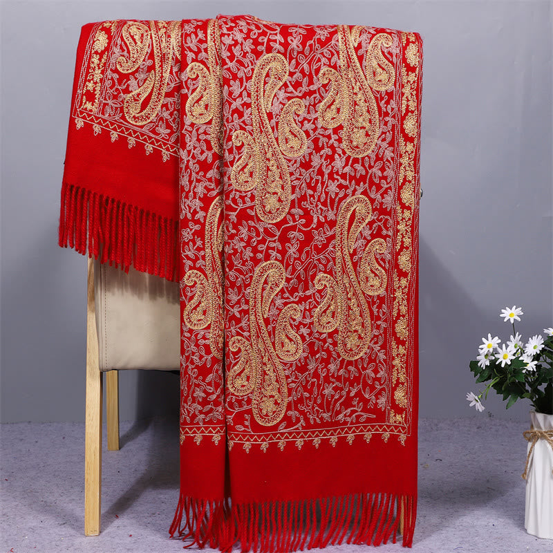 Chal de tela de rayón con Buddha Stones, bordado de flores de anacardo doradas y borla, bufanda de viaje acogedora de invierno. - Ladrillo refractario - 200*70 cm - image 1