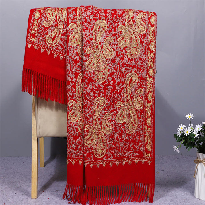 Chal de tela de rayón con Buddha Stones, bordado de flores de anacardo doradas y borla, bufanda de viaje acogedora de invierno. - Ladrillo refractario - 200*70 cm - image 1