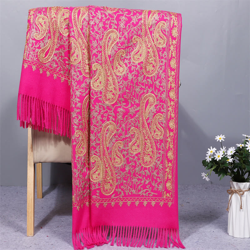 Chal de tela de rayón con Buddha Stones, bordado de flores de anacardo doradas y borla, bufanda de viaje acogedora de invierno. - Rosa intenso - 200*70 cm - image 10