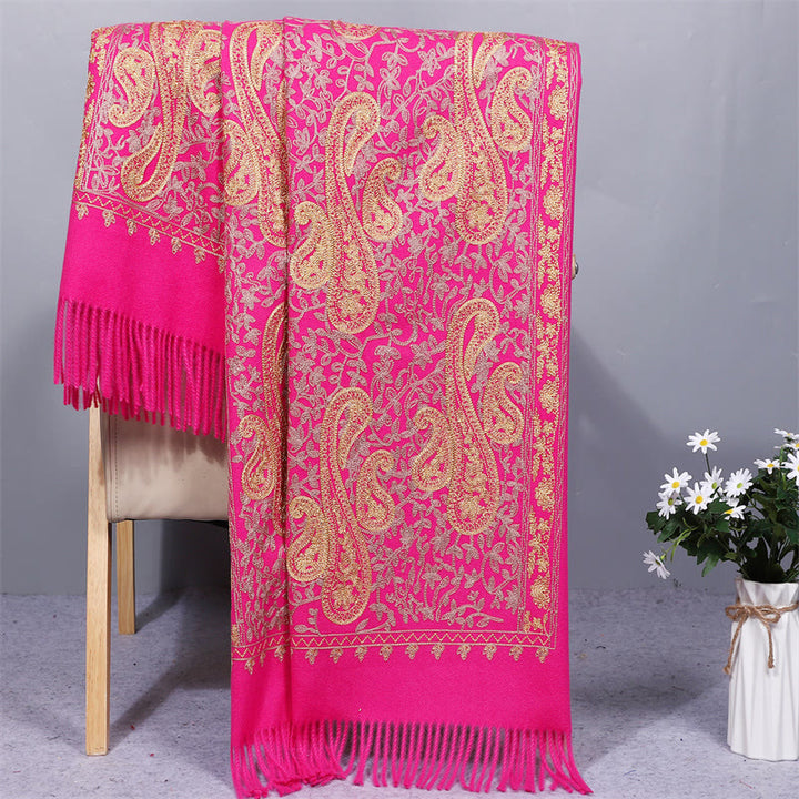 Chal de tela de rayón con Buddha Stones, bordado de flores de anacardo doradas y borla, bufanda de viaje acogedora de invierno. - Rosa intenso - 200*70 cm - image 10