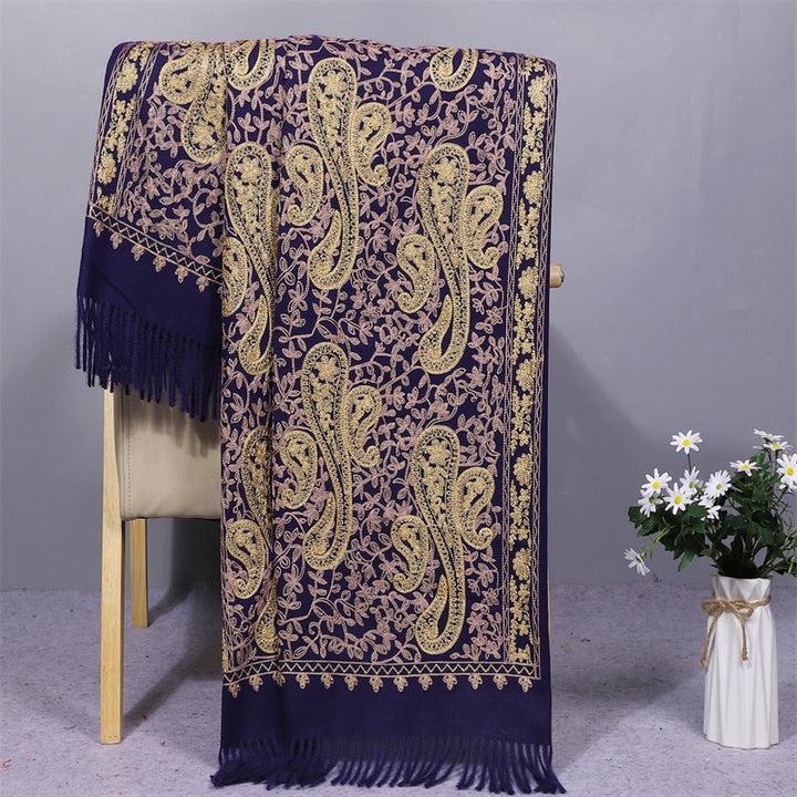 Chal de tela de rayón con Buddha Stones, bordado de flores de anacardo doradas y borla, bufanda de viaje acogedora de invierno. - Azul medianoche - 200*70 cm - image 4