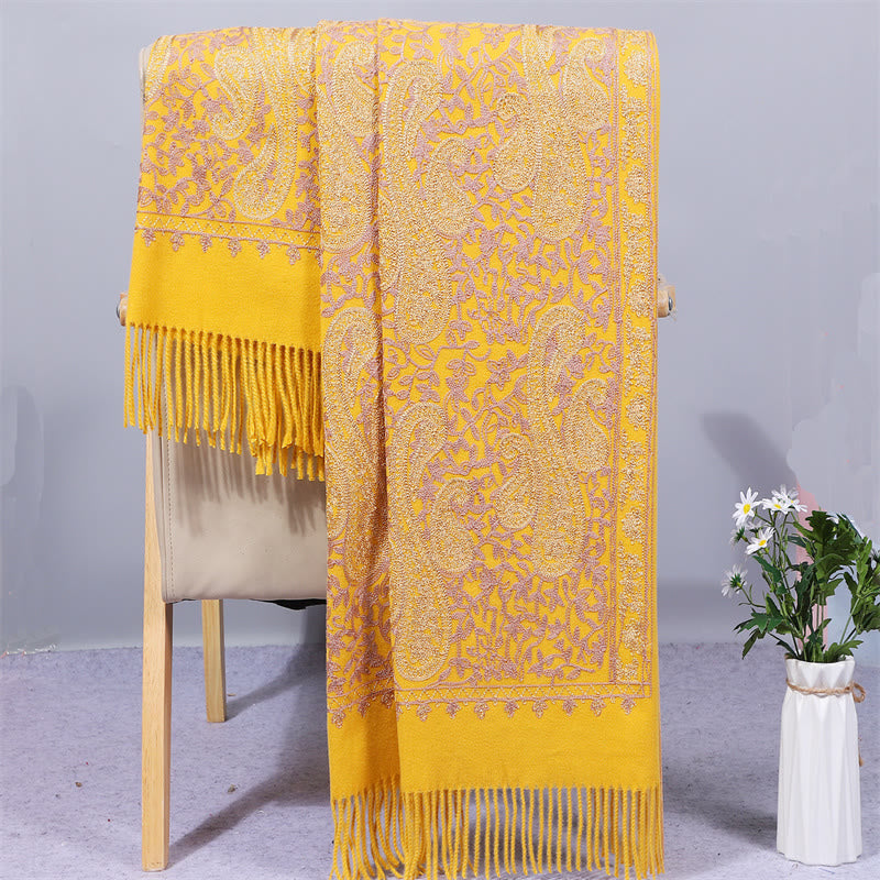 Chal de tela de rayón con Buddha Stones, bordado de flores de anacardo doradas y borla, bufanda de viaje acogedora de invierno. - Oro - 200*70 cm - image 2