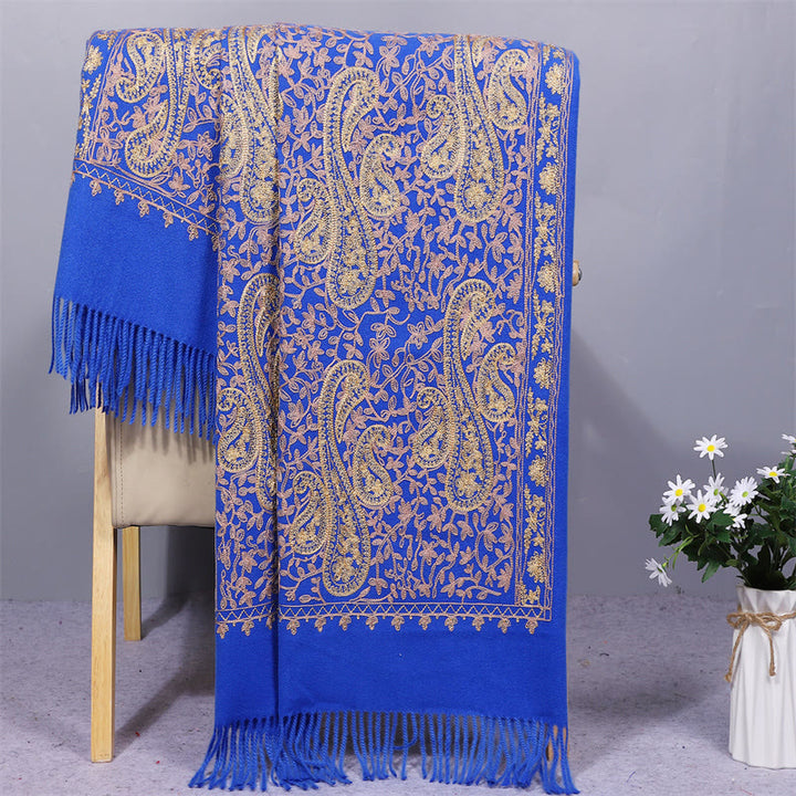 Chal de tela de rayón con Buddha Stones, bordado de flores de anacardo doradas y borla, bufanda de viaje acogedora de invierno. - Azul real - 200*70 cm - image 6