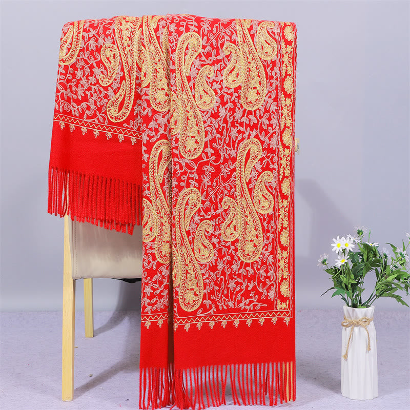 Chal de tela de rayón con Buddha Stones, bordado de flores de anacardo doradas y borla, bufanda de viaje acogedora de invierno. - Rojo anaranjado - 200*70 cm - image 8