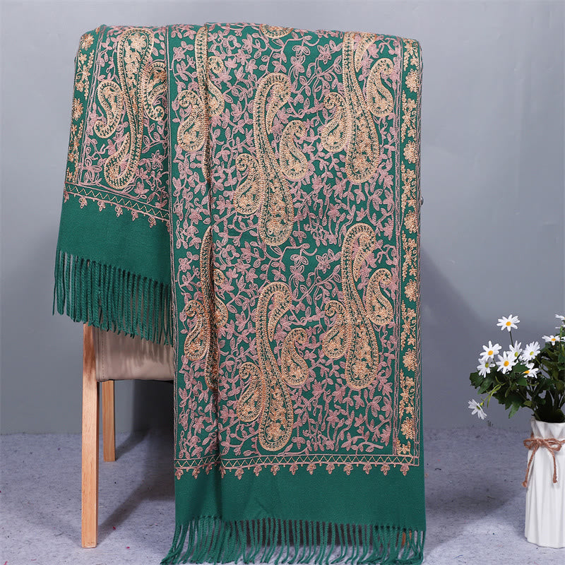 Chal de tela de rayón con Buddha Stones, bordado de flores de anacardo doradas y borla, bufanda de viaje acogedora de invierno. - Verde azulado - 200*70 cm - image 0