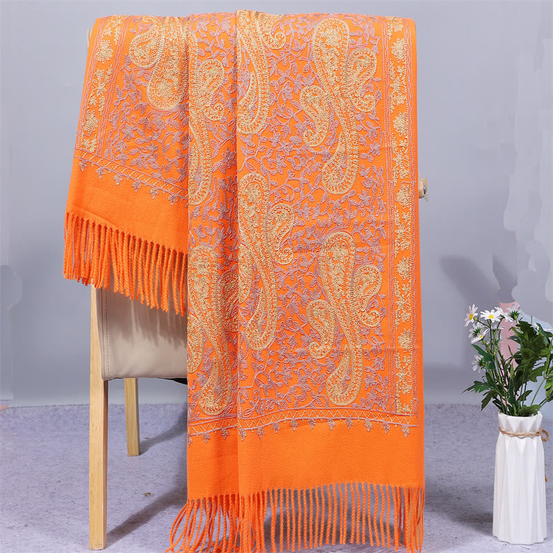 Chal de tela de rayón con Buddha Stones, bordado de flores de anacardo doradas y borla, bufanda de viaje acogedora de invierno. - Naranja - 200*70 cm - image 9