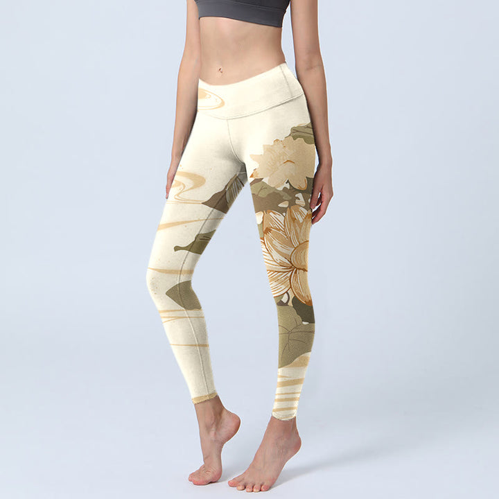 Leggings de fitness para gimnasio con estampado de flores de loto beige y Buddha Stones para mujer - Beige - US18，UK/AU22，EU50 (4XL) - image 1