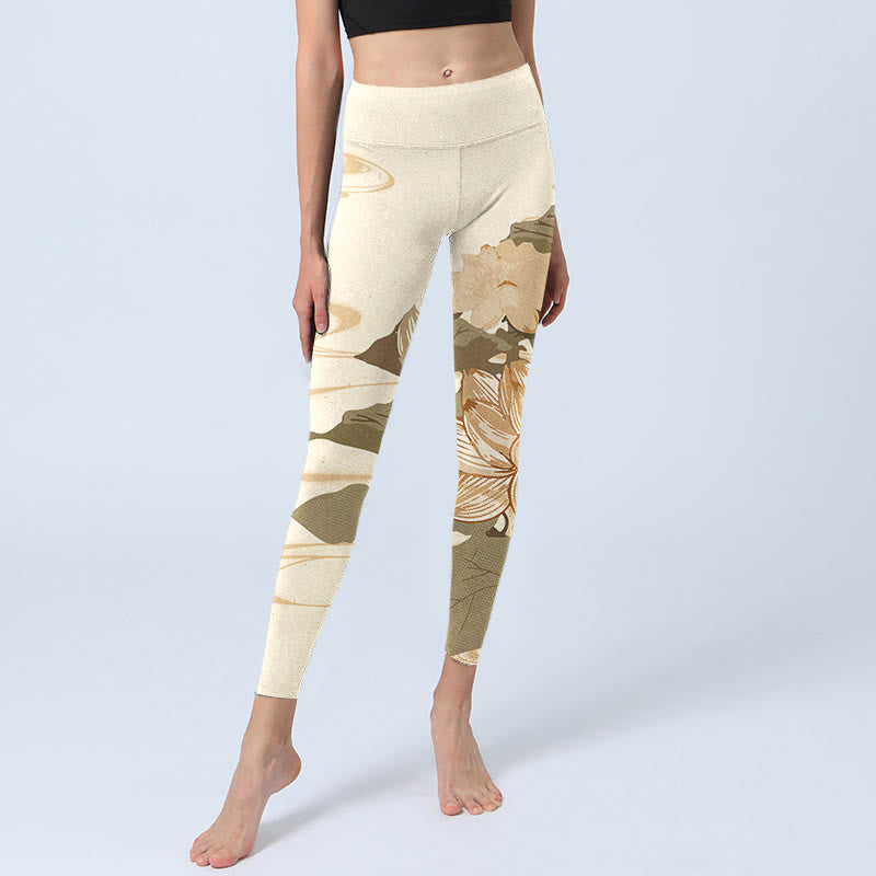 Leggings de fitness para gimnasio con estampado de flores de loto beige y Buddha Stones para mujer - image 6