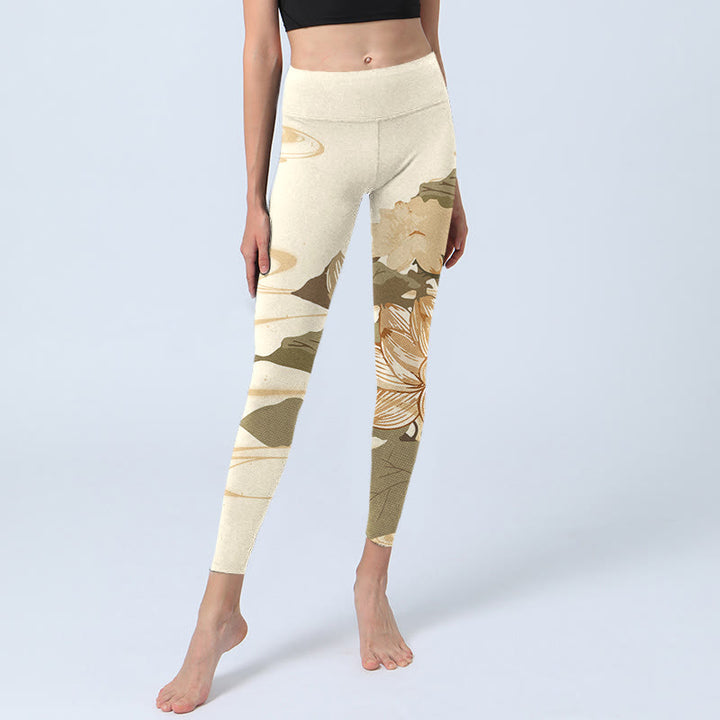 Leggings de fitness para gimnasio con estampado de flores de loto beige y Buddha Stones para mujer - image 6