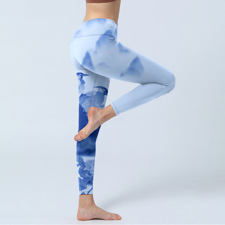 Leggings deportivos con estampado de peonías y pájaros azules y Buddha Stones para mujer - image 4