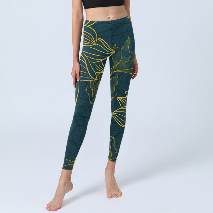 Leggings de yoga para mujer con estampado de loto y peces koi dorados y grises con Buddha Stones - image 7