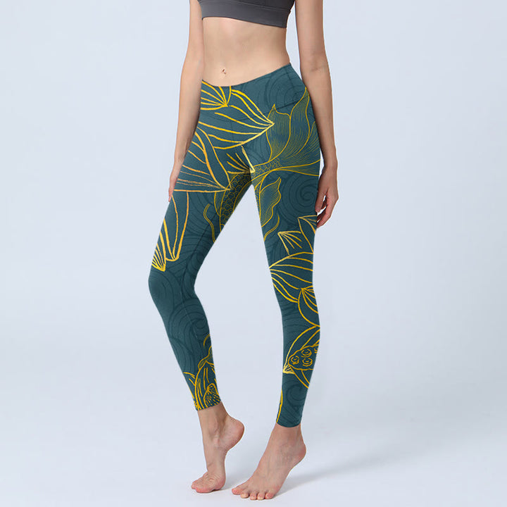 Leggings de yoga para mujer con estampado de loto y peces koi dorados y grises con Buddha Stones - Cadete Azul - US18，UK/AU22，EU50 (4XL) - image 1