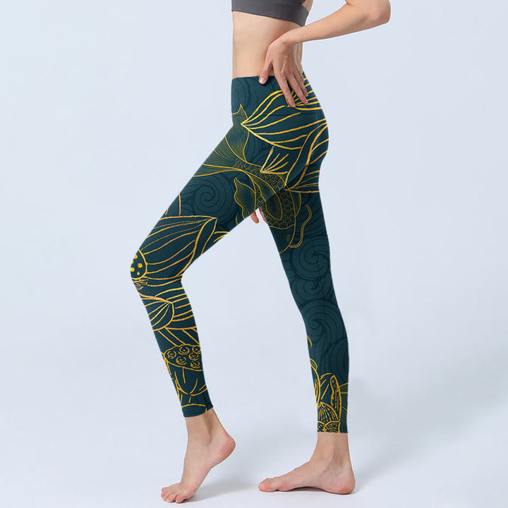 Leggings de yoga para mujer con estampado de loto y peces koi dorados y grises con Buddha Stones - image 3