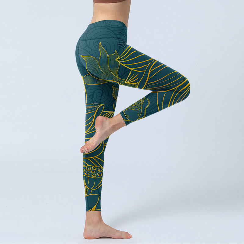 Leggings de yoga para mujer con estampado de loto y peces koi dorados y grises con Buddha Stones - image 5
