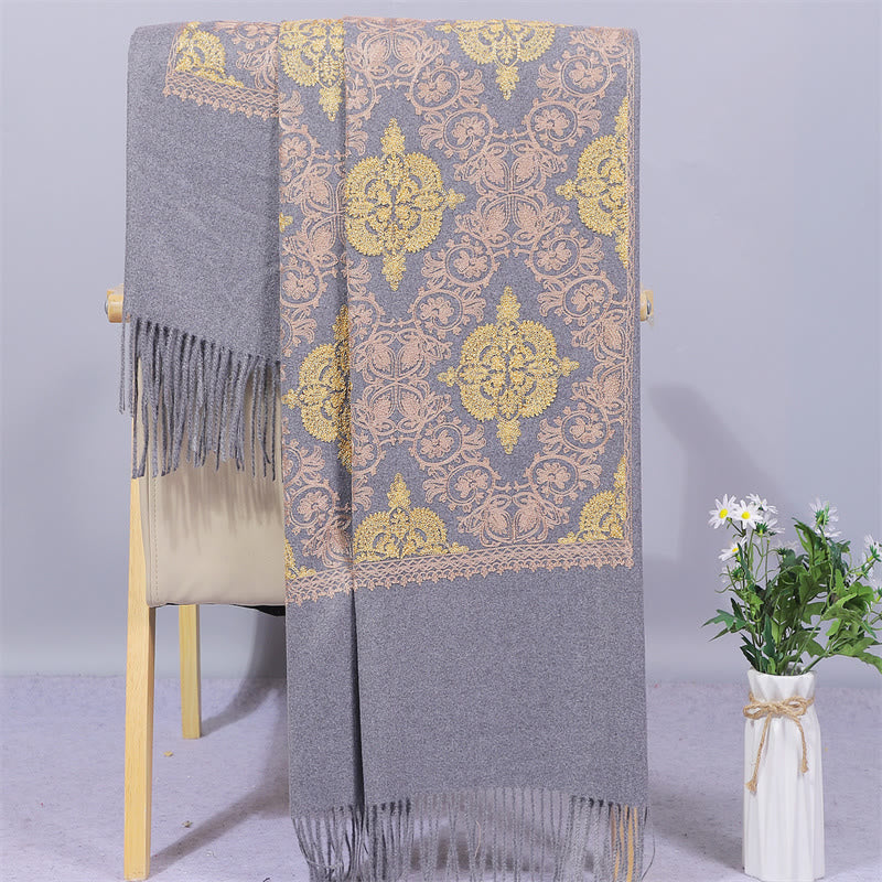 Chal de poliéster con Buddha Stones , simetría, bordado de filigrana dorada, borlas, bufanda de viaje acogedora para el invierno - Gris oscuro - 200*70 cm - image 1